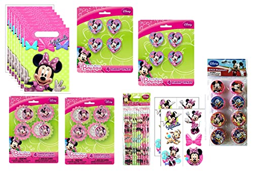 Unique Industries Minnie Mouse Birthday Party Supplies Favor Pack 48 Pieces include 8 Loot Bags, 8 Mirror Keychains, 12 Tattoos, 8 Pencils, 8 Erasers, 8 Pencil Sharpeners
