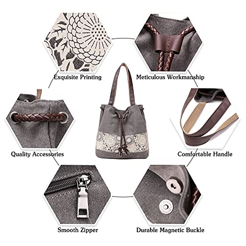 Image of Women Shoulder Bag Canvas Tote Bag Retro Drawstring Bucket Bag Ladies