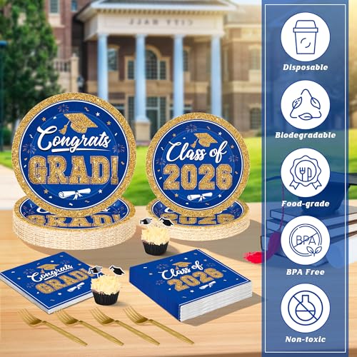 Image of QZYL Graduation Party Supplies Set for 50 Guests, Blue and Gold Graduation Plates and Napkins 2026, 200Pcs Disposable Grad Plates, Napkins, Dessert Plates and Forks for 2026 Grad Ceremony