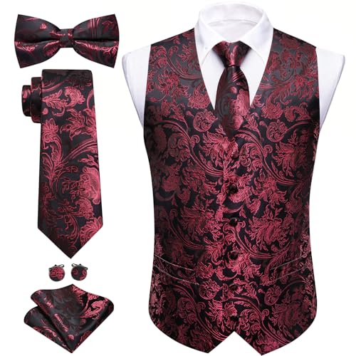Image of Barry.Wang Men's Suit Vest Tie Bowtie Set Formal Silk Paisley Waistcoat Hanky Cufflinks Lapel Pin Set Wedding Party 7PCS