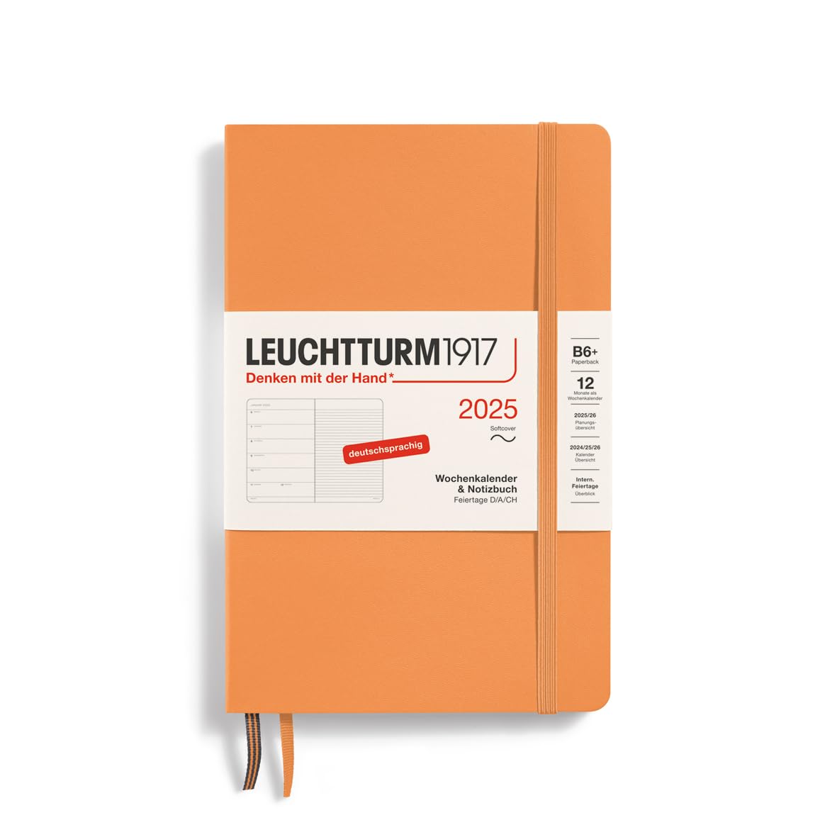 LEUCHTTURM1917 370522 Weekly Calendar & Notebook 2025, Paperback B6+ Softcover - 12-Month Planner, 80 g, Lined - Apricot