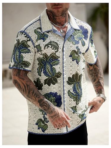 GORGLITTER Men's Striped Button Down Knit Shirts Short Sleeve Crochet Collared Cardigan Hollow Out Tops4