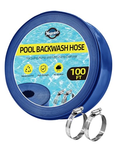 Mosenpol Pool Backwash Hose 1-1/2' x 100 FT - Heavy Duty Layflat Sump Pump Hose, Weather and Burst Resistant PVC Discharge Hose with 2 Clamps for Water Transfer, Pool Drainage, Pool Drain