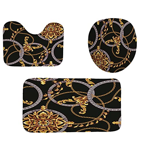 NEWSUYAA Juego de 3 alfombras de baño bohemias, diseño de mandala, dorado y plateado, sin moho, con tapetes absorbentes lavables y antideslizantes en forma de U, cubierta de tapa de inodoro, alfombras