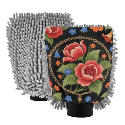 Guantes de lavado de coche con diseño retro de peonía roja, guantes de lavado de coche, esponjas de lavado de coche