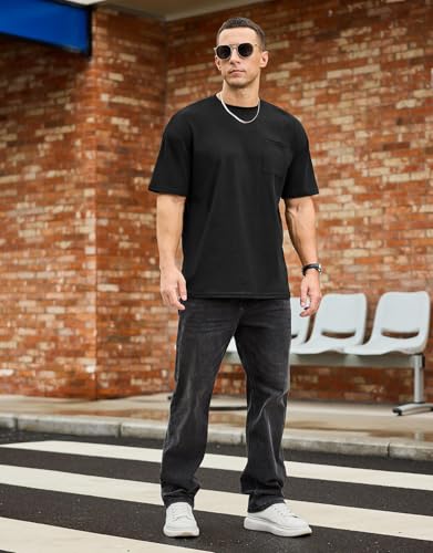 Men's Oversized Cotton T-Shirt Short Sleeve Casual Crew Neck Solid Pocket Tee Basic Workout Tops4