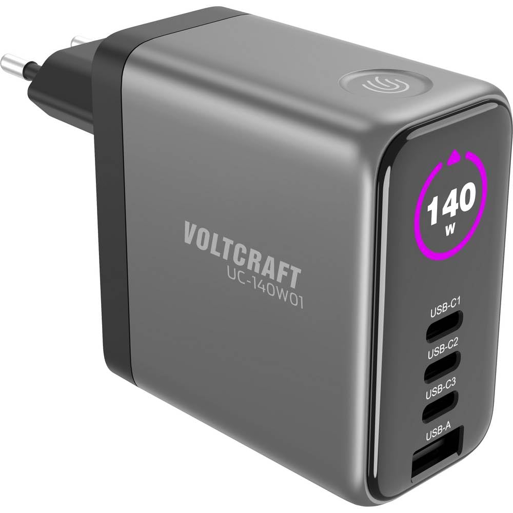 Voltcraft UC-140W01 - Cargador USB (1 puerto USB-A, 3 puertos USB-C® USB PD negro, GaN, USB Power Delivery (USB-D), cargador rápido