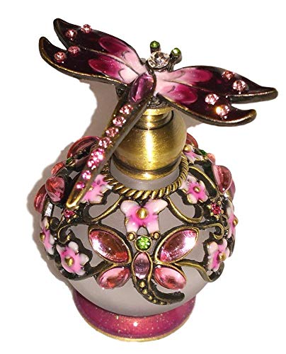 Welforth Jeweled Pink Dragonfly & Flower Enamel Round Crystal Perfume Bottle