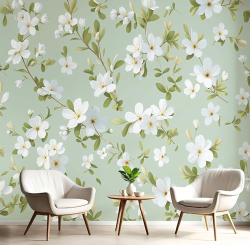 Papel Tapiz 3D, Murales Fotográfico con Estampado Sencillas Flores, Papel Tapiz de Flores Blancas Pequeñas, Decoración de Pared para Sala de Estar, Dormitorio, Sofá, Verde claro, 150Anx105Al cm