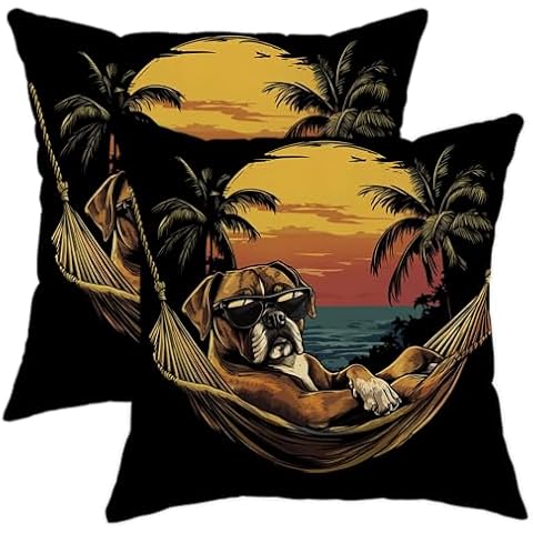 GDHBLING Cool Boxer Dog Throw Pillow Covers 18x18 Set of 2, Soft Funny Tropical Palm Tree Pillow Cases Kit with Zipper, Pet Puppy Velvet Decor for Couch Sofa Living Room Bed Cover