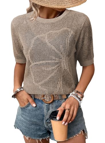 Image of Dokotoo Womens Summer Short Sleeve Crochet Tops Hollow Out Floral Sweaters Beach Vacation Cruise Outfits