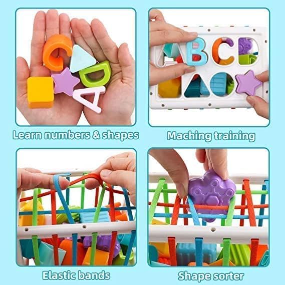 Image of WireScorts Baby Shape Sorting Block, Montessori Sensory Toys with Blocks Colorful Cube and Alphabets, Shape Sorting Toy with Elastic Bands Fine Motor Skill Toy, Preschool Learning Toys