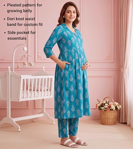 Image of DUMMY SHAPE Maternity Dresses for Women Cotton Rayon | Floral Kurta Pant Dupatta Set with Nursing Zippers to Pre & Post Partum | Feeding Kurtis | Mom to Be Gifts for Pregnant Woman
