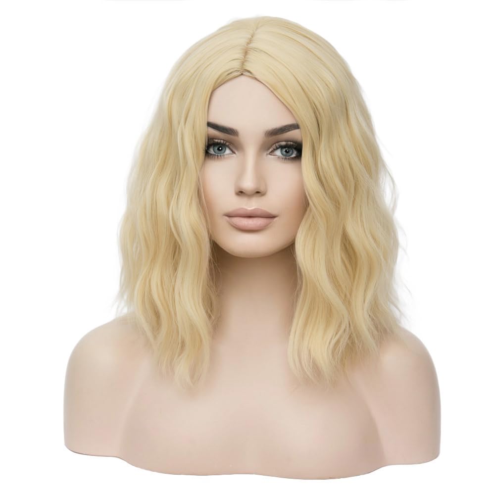 BERON Blonde 12 Inch Wigs for Women Girls Short Curly Wavy Hair Wig 30 cm Light Blond Shoulder Length Body Wave Halloween Cosplay Daily Party Wigs (
