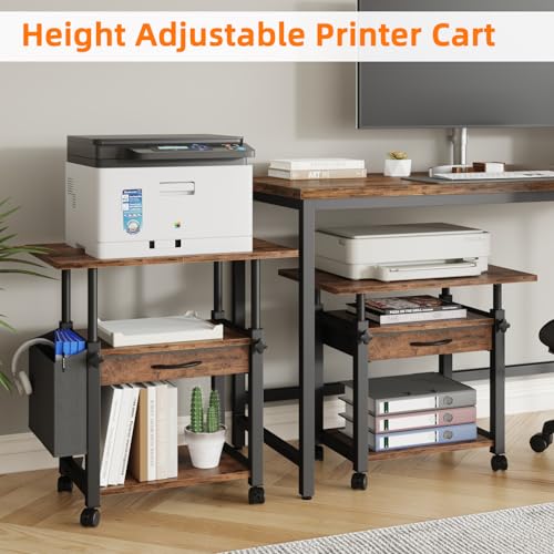 Image of YAOHUOO 22 inchx15 inch Large Printer Stand with Drawer, 3-Tier Rolling Table Cart | Storage Drawer and Side Bag,Height Adjustable Cart,Fit printer /fax /3d /scanner,4 lock wheels or feet,Home Office,Rustic Brown