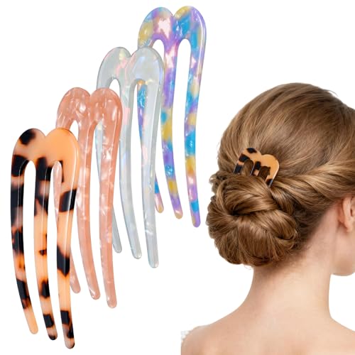 4 forcine per capelli francesi grandi da donna, a 3 rebbi, stile retrò, a forma di U, per capelli spessi, per capelli intrecciati, accessori per acconciature (blu sirena chiara, rosa tartaruga)