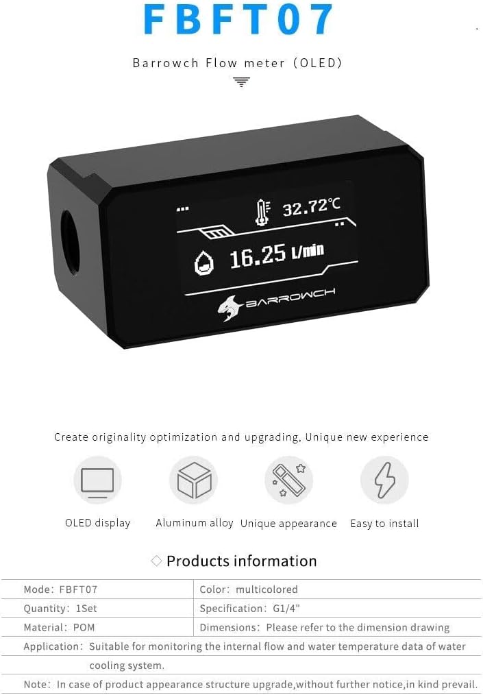 Barrowch G1/4" Water Temperature Sensor & Flow Meter with OLED Display FBFT07 for PC Water Cooling System (Black)