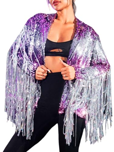 JAKAWIN Women's Sequin Fringe Jacket Coat Sparkly Long Sleeve Tassel Coat Night Club Disco Jackets