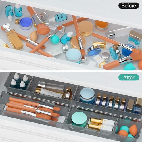 Image of Kienlix Desk Drawer Organizers Trays Set Clear Plastic Storage Bins Bathroom Drawer Tray Dividers Vanity Trays Organizer for Bedroom Dresser Makeup Kitchen Utensil Office (9pc Set (Black-2))