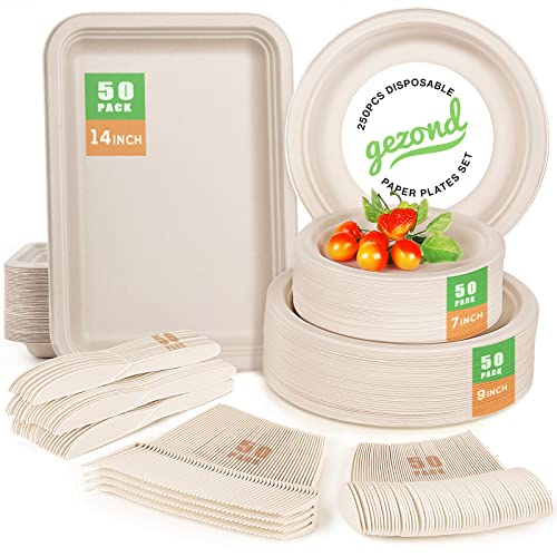 Gezond 300Pcs Compostable Paper Plates Set, Eco-Friendly Disposable Plates Cutlery Includes 50Pcs Charcuterie Boards, 50Pcs Dinner Plates, 50Pcs Dessert Plates, And 150Pcs Utensils #TOP8