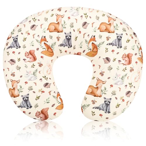 Image of Nursing Pillow Cover for Baby Boy and Girl, Ultra Soft Comfortable Stretchy Removable Slipcover for Newborn Breastfeeding Pillows, Woodland Animals