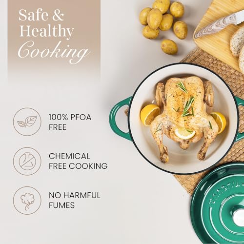 Image of Cast Iron Dutch Oven with Lid - Non-Stick Ovenproof Enamelled Casserole Pot - Sturdy Dutch Oven Cookware - Dark Green, 3.1-Quart, 22cm-by Nuovva