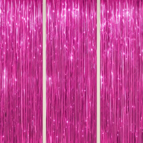 Image of DECOCKRAT 3 Pack Foil Fringe Backdrop - Hot Pink Shiny Tinsel Curtains for Party Decoration /Photo Booth Props - 3.3x8.2 FT Metallic Foil Backdrop for Birthday, Wedding, Graduation, Christmas.