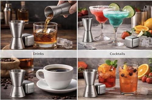 Image of Peg Measure 30 /60 ml with Steel Ice Cubes | Bar Measure Jigger for Drinks, Cocktails, Coffee & Mocktails | Premium Barware Combo (Combo Peg Measure Set)