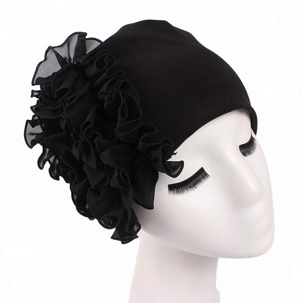 Womens Hair Accessories Autumn Winter Turban Hair Bands Indian Hat Chiffon Flower Chemo Cap Headwrap Lady Elastic Headbands Hair Accessories Black