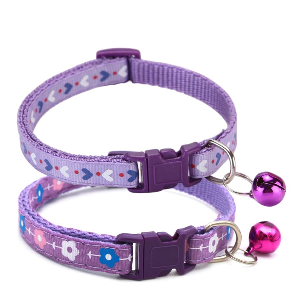Purple Dog Collar with Bell, 2-Pack Heart & Floral Cat Collar with Bells, Female Tiny Dog Collar for XXS Xs Small Pet Little Girl Dogs