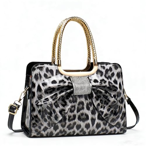 Bolso tote de cuero con estampado leopardo y moño de pedrería miniatura 1