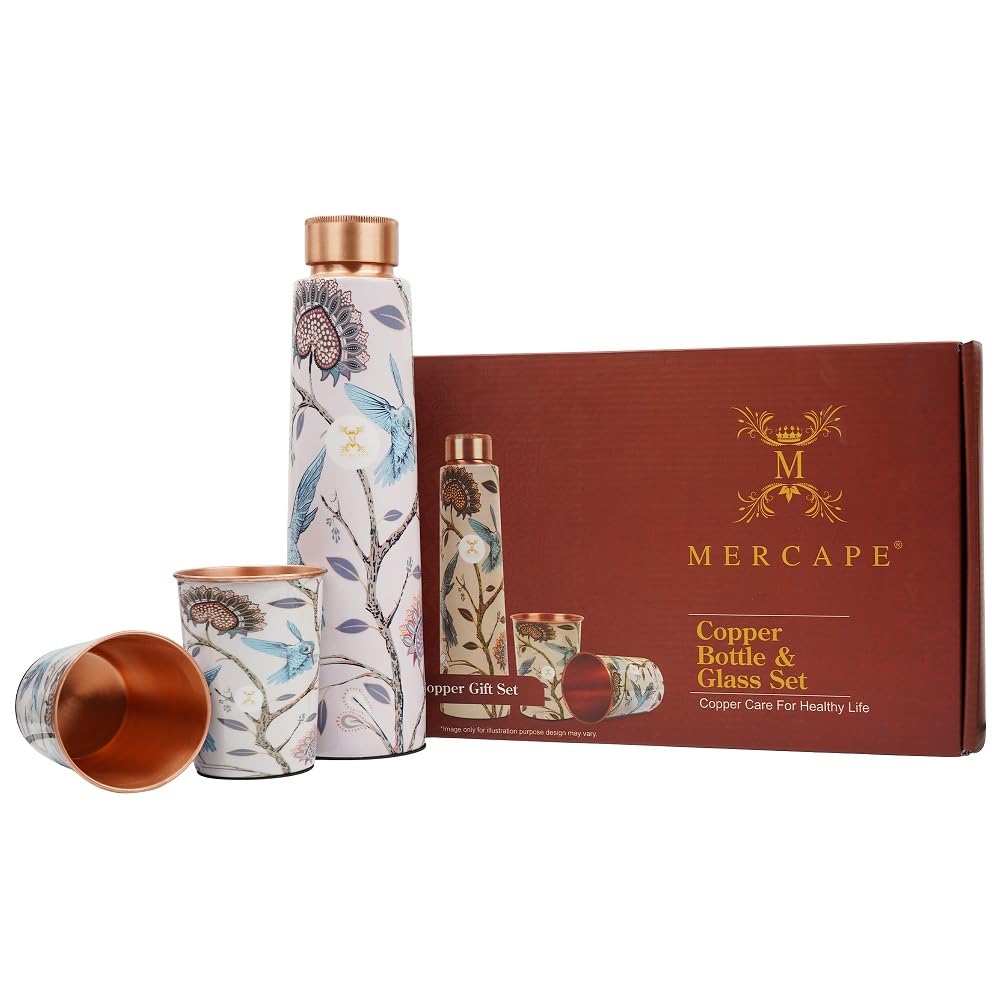 MERCAPE® Pure Copper Water Bottle 900 ml with Glass Set Best Tamba in Printed Design (900 ml 2x 300 ml)