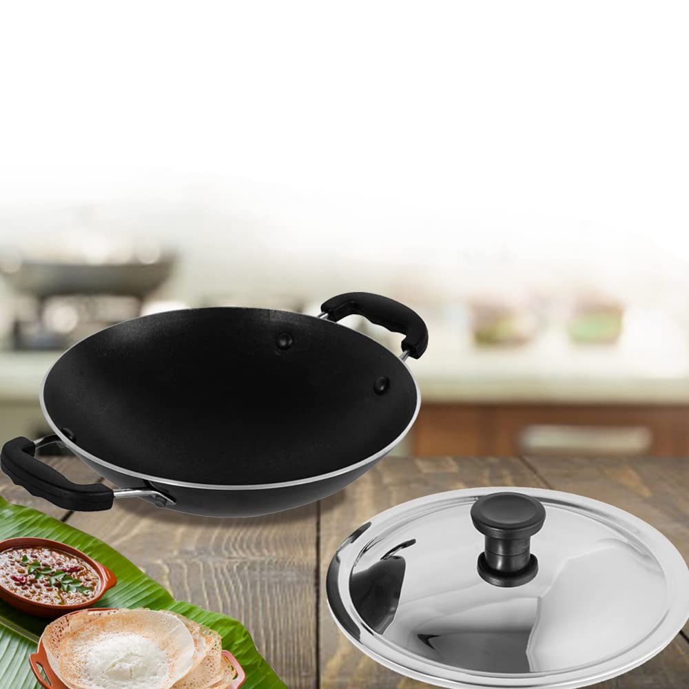 Blueberry's🥘Prime Heavy Nonstick Appachatty Appam Pan Pot Maker with Stainless Steel Lid 3mm Thickness,200mm Dia,German Technology Coating [GREBLON]