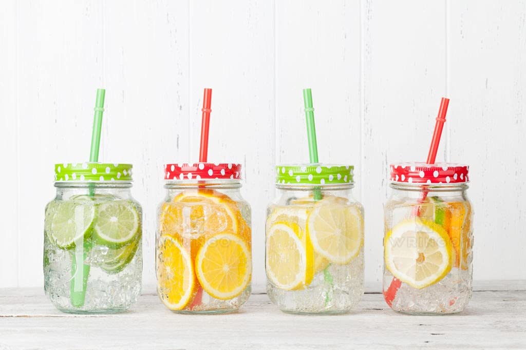 WRINGO® 500 ml Glass Mason Jar, Juice Soft Cold Drinks Mason Mug with Handle and Multi Color Lid and Straw, Transparent (10)