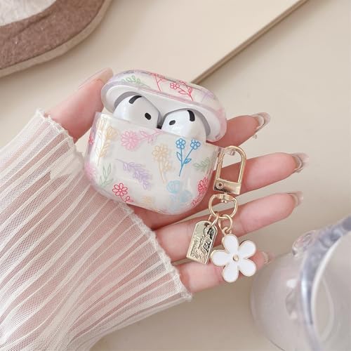 Image of MINSCOSE Compatible with AirPods 4 Clear Case,Cute Flower Floral Aesthetic Design with Flowers Keychain, Soft TPU Protective Shockproof Case for Women Girl for Airpods 4-Color