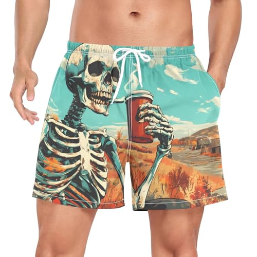 Mens Swim Trunks with Liner, Coffee Skeleton Funny Cool Quick Dry Beach Swim Shorts, Swimwear Bathing Suits S