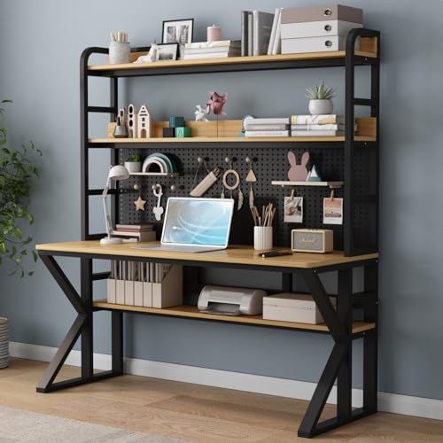 Escritorio de madera maciza para computadora con estantes de almacenamiento y tablero de clavijas, mesa de trabajo moderna para oficina en casa, estudio, diseño grande y resistente