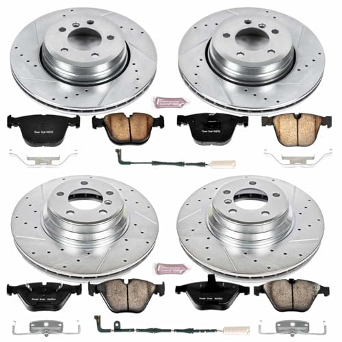 Image of PowerStop Front and Rear Brake Kit for BMW 750i 2006-08 |750Li 2006-08 |760i 2005-06 |760Li 2005-08 - Drilled and Slotted Disc Rotors with Carbon-Fiber Ceramic Brake Pads Replacement, K4479