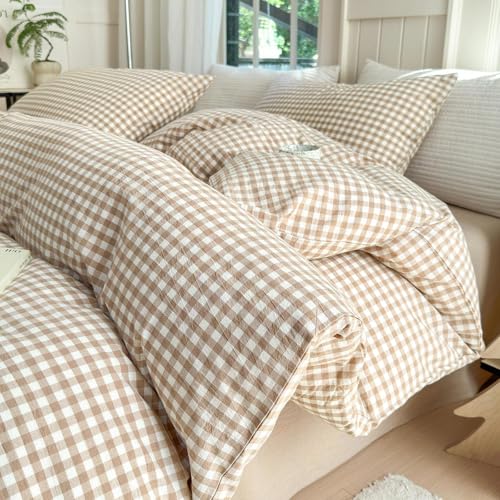 LifeTB Tan Gingham Comforter Set King Modern Style Beige Plaid Comforter Set 3 Pieces Soft Fluffy...