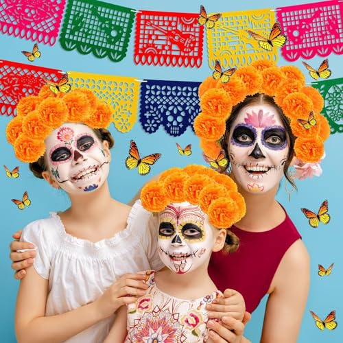 NOVWANG 86 Pcs Day of The Dead Decorations, 10 Mexican Banners Papel Picado 2 Strands of Artificial Marigold Garland 50 Marigolds Flowers and 24 Monarch Butterflies for Dia De Los Muertos Decor by NOVWANG - Used condition - Image 5