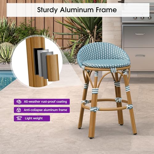 Image of PURPLE LEAF Patio Oversized Backrest Counter Height Stool Set of 1 Outdoor Round Barstools Aluminum Frame in Bamboo Finish Woven Rattan for Indoor Kitchen Dining Bistros Cafe Restaurant Light Blue