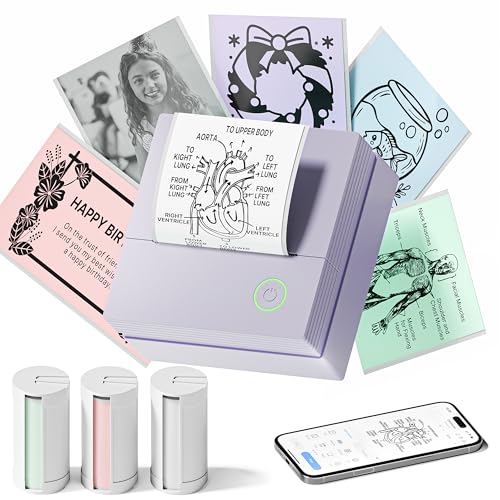 TYPONOS Sticker Printer, PM290 Mini Printer, Bluetooth Sticker Maker Machine with 3 Rolls Paper, Portable Print Pod for Study Notes, Journal, Lists, Pictures, DIY Gifts for School Office Home, Purple
