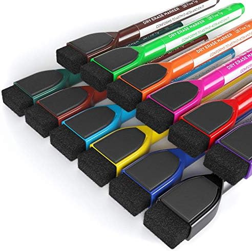ARTEZA Magnetic Whiteboard Pens with Eraser, Pack of 24 (with Fine Tip), 12 Assorted Colors with Low-Odor Ink, Dry Erase Markers for School, Office, or Home
