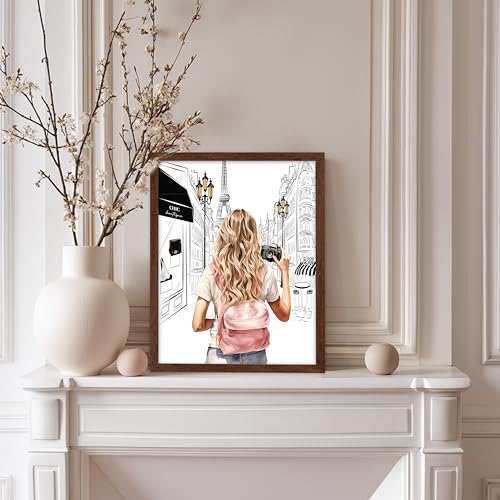 Image of Poster Master Fashion Poster - Lady With A Camera Print - Trendy Art - Paris Art - Modern Art - Gift for Women & Fashionista - Glamour Wall Decor for Bedroom or Girl's Room, 8x10 Brown Framed