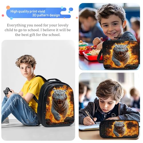 White Tiger Backpack 3PCS 16" Preschool Elementary Schoolbag with Lunch Box Pencil Case Bookbag Set for Girls Boys Kids Children Teens School Students2