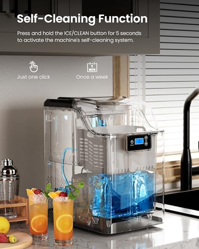Kismile Nugget Ice Makers Countertop, 45lbs/Day Pebble Ice Maker Machine with 24-Hour Timer, Self-Cleaning Sonic ice Maker with Ice Scoop and Ice Basket for Home & Kitchen (Stainless Steels Black)