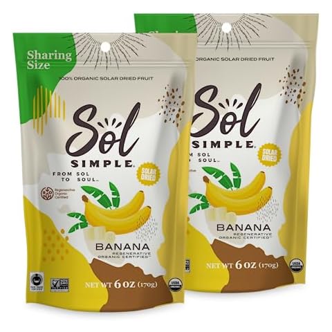SOL SIMPLE Regenerative Organic Certified™ Dried Banana | 6oz Snack Pack (2 Bags Total) | One Ingredient | Vegan | Non-GMO | No Added Sugar | Fair Trade | Dried Fruit | Organic Cover