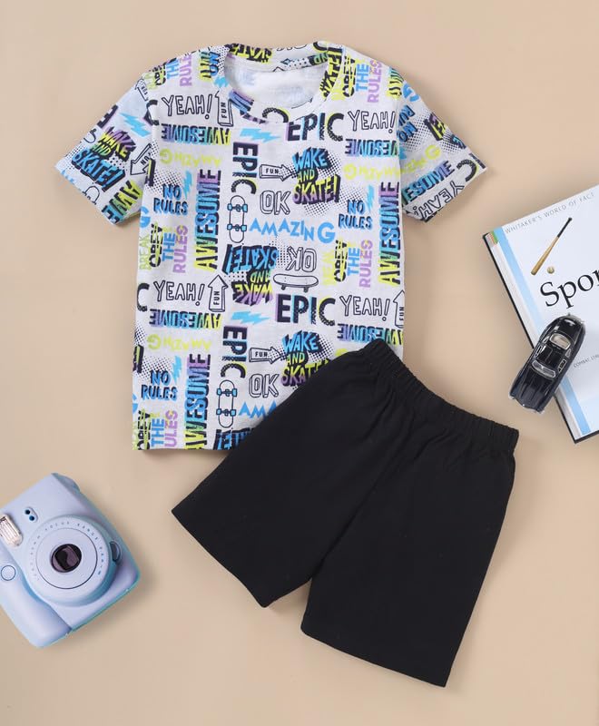 Image of Pure Cotton Half Sleeves Printed T-Shirt & Shorts Set Set | Shorts Set for Kids | Clothing Set for Kids | Summer Set for Kids | Kids Nightwear Multicolor and Sizes