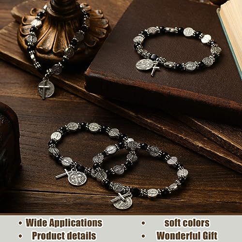Crowye 12 Pcs Silver Saint Benedict Medal Rosary Bracelet Evil Protection Medal Rosary Bracelet for Women Men Catholic Gifts Religious Jewelry4