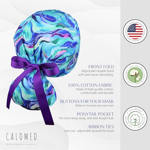 Image of Scrub Cap for Women and Men, Ponytail Scrub Caps, Working Hat, Head Cover with Ribbon Ties and Buttons, Long Hair